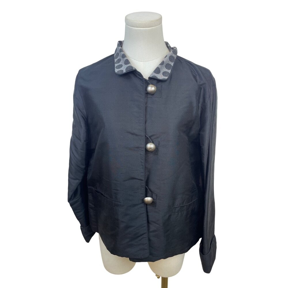Kai Mira Women’s Black Silk Jacket W/ Polka Dot Collar & Silver Buttons Size M